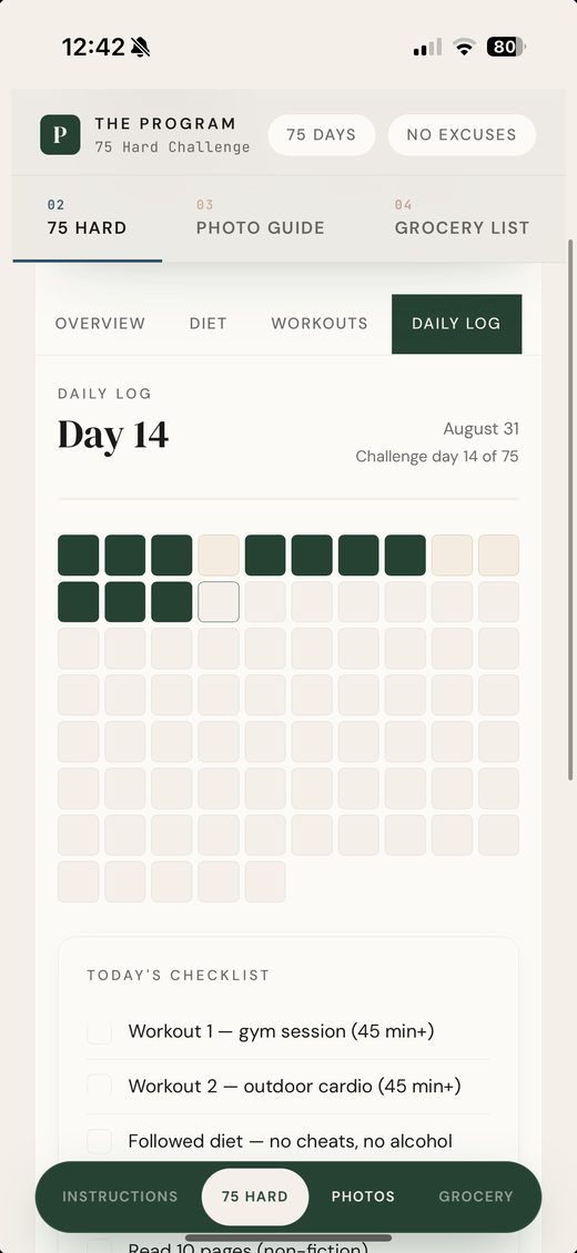 The 75 Hard daily log with the five rules and water intake