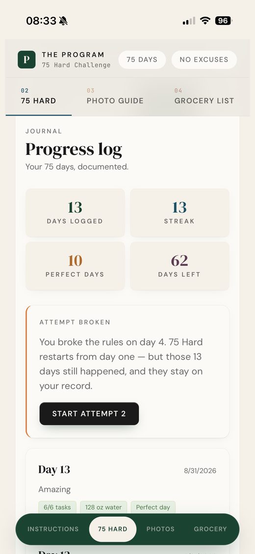 The 75 Hard tracker showing an Attempt Broken card naming the day the rules were broken