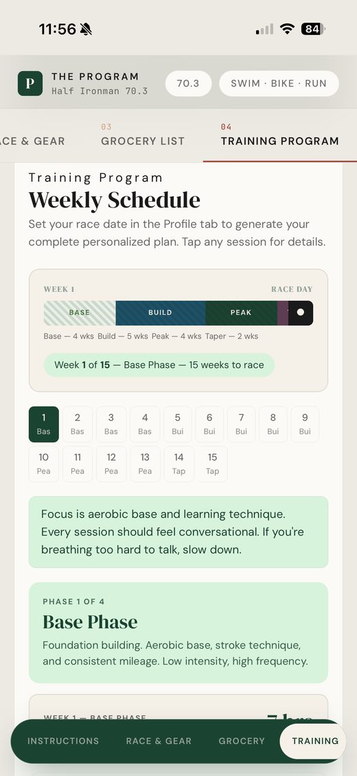 A generated Half Ironman plan showing Base, Build, Peak and Taper phases