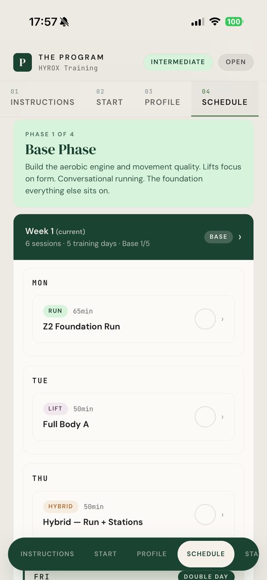 The HYROX training schedule showing phases and sessions